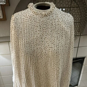 Zara dress ivory with brown polka dots mock round filed neck w/ accordian pleats